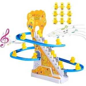 Small Ducks Climbing Toys, Electric Llittle Duck Climbing Stairs Toy, Funny Duck Roller Coaster Track with 9 Ducks LED Lights & Music Button, Small Duck Slide Toy  Children Kids and Baby
