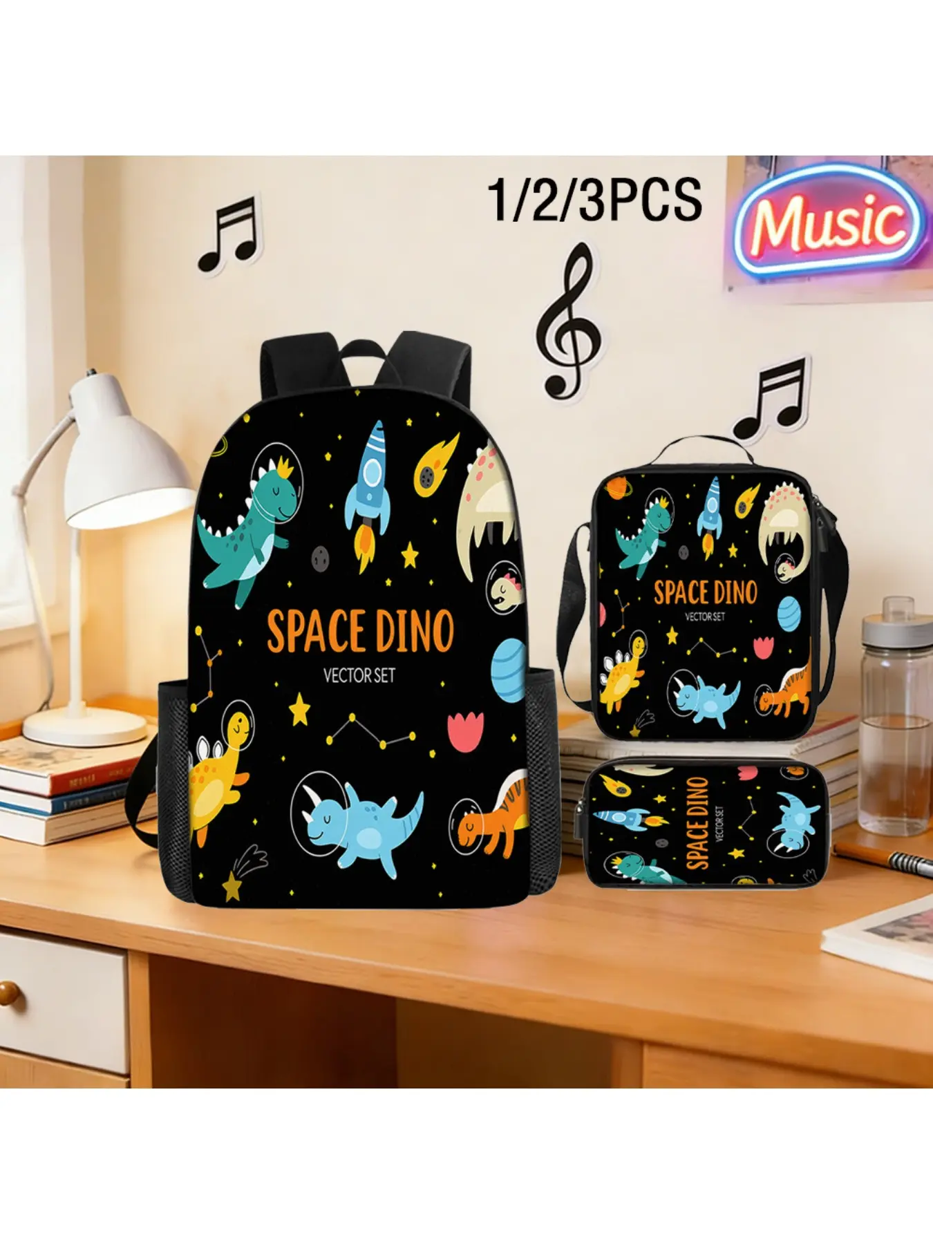3-Piece Interstellar Dinosaur Backpack Bag Set Space Dinosaur Theme Combination Large Capacity Backpack Christmas Halloween Birthday Gift Holiday Gift