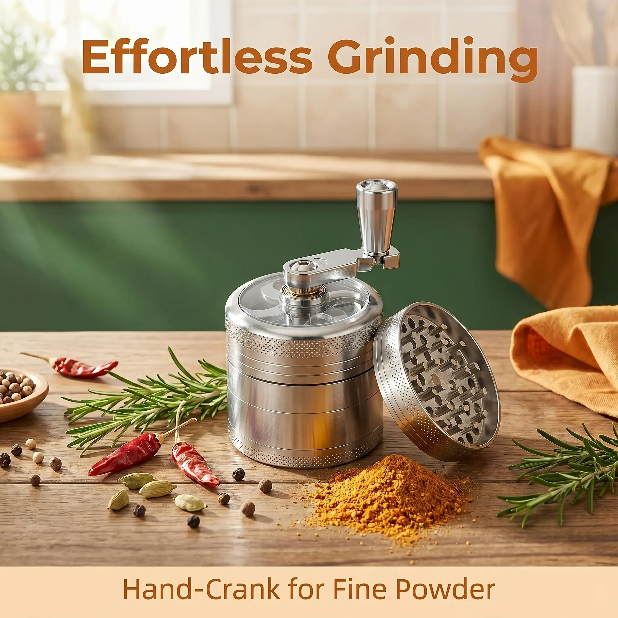 Manual Four-Layer Metal Grinder with Handle, Pocket Size for Herbs/salt, Rust-Resistant, Battery-Free, Ideal for Camping and Kitchen