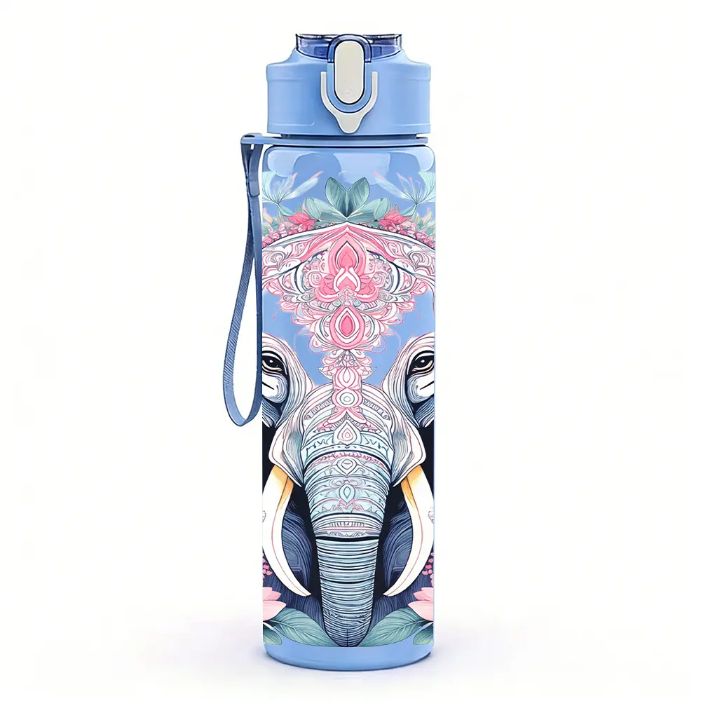 1 pc Pink Elephant Floral Pattern, 750ml/26oz Colorful Plastic Sports Water Bottle, Cute Printed Design, Leak-Proof Flip Lid, Suitable for Outdoor Sports, Running & Fun Trips, Ideal Gift for Birthdays, Valentine's Day, Easter, Traveler Water Bottle