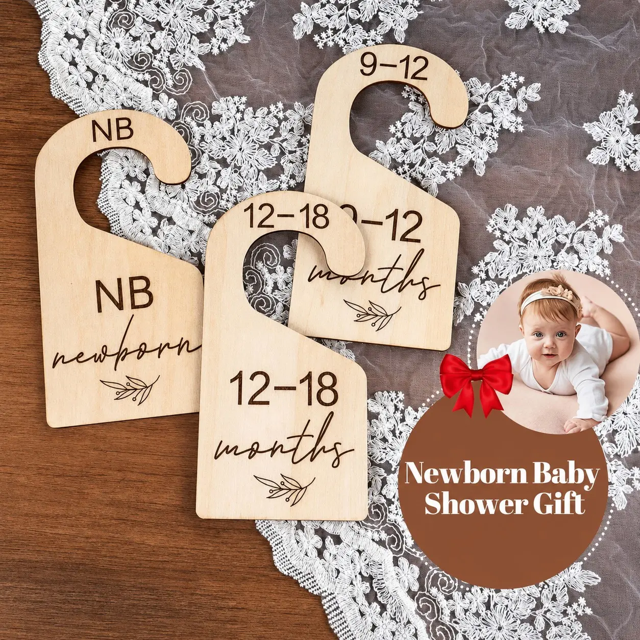 7 Piece Wooden Baby Clothes Organizer, Dual-Sided Baby Closet Divider, Size Separation Board, Olive Branch Pattern, Baby Party Supplies, Baby Shower Gift