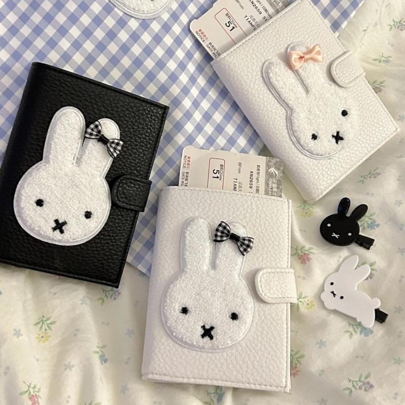 Miffy Plush Bunny PU Passport Holder Multi-Function RFID-Blocking Card Wallet with Kawaii Bow Couple's Mini Purse Perfect Gift