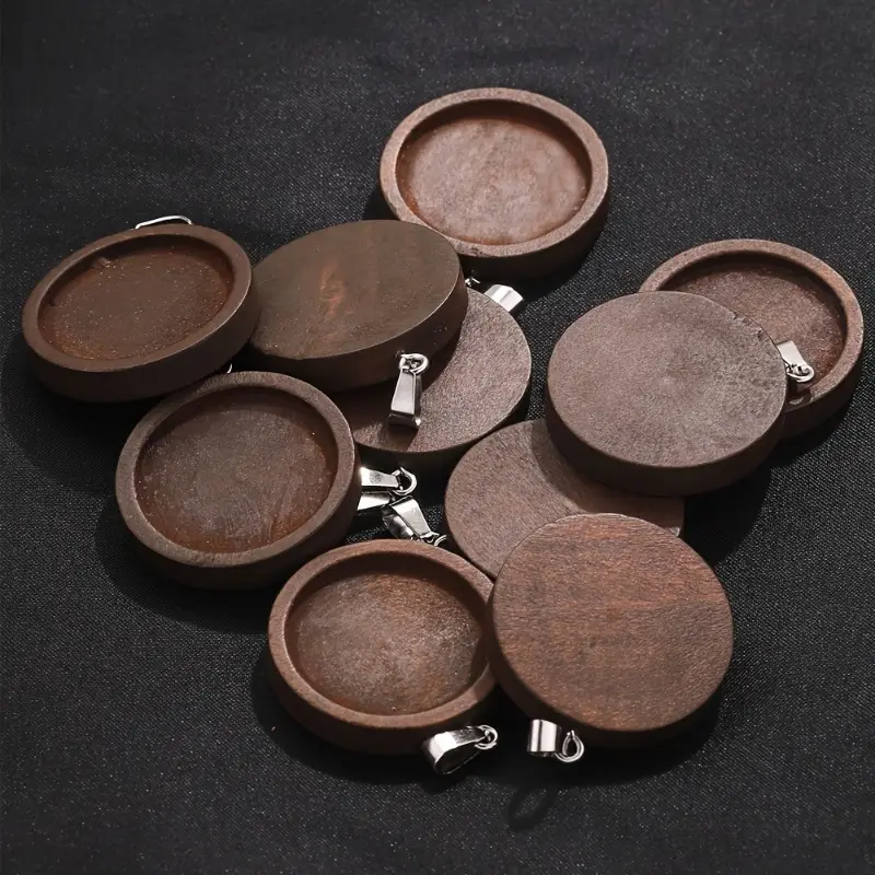 10pcs Brown Wooden Round Blank Pendant Wood Pendant Tray Accessories