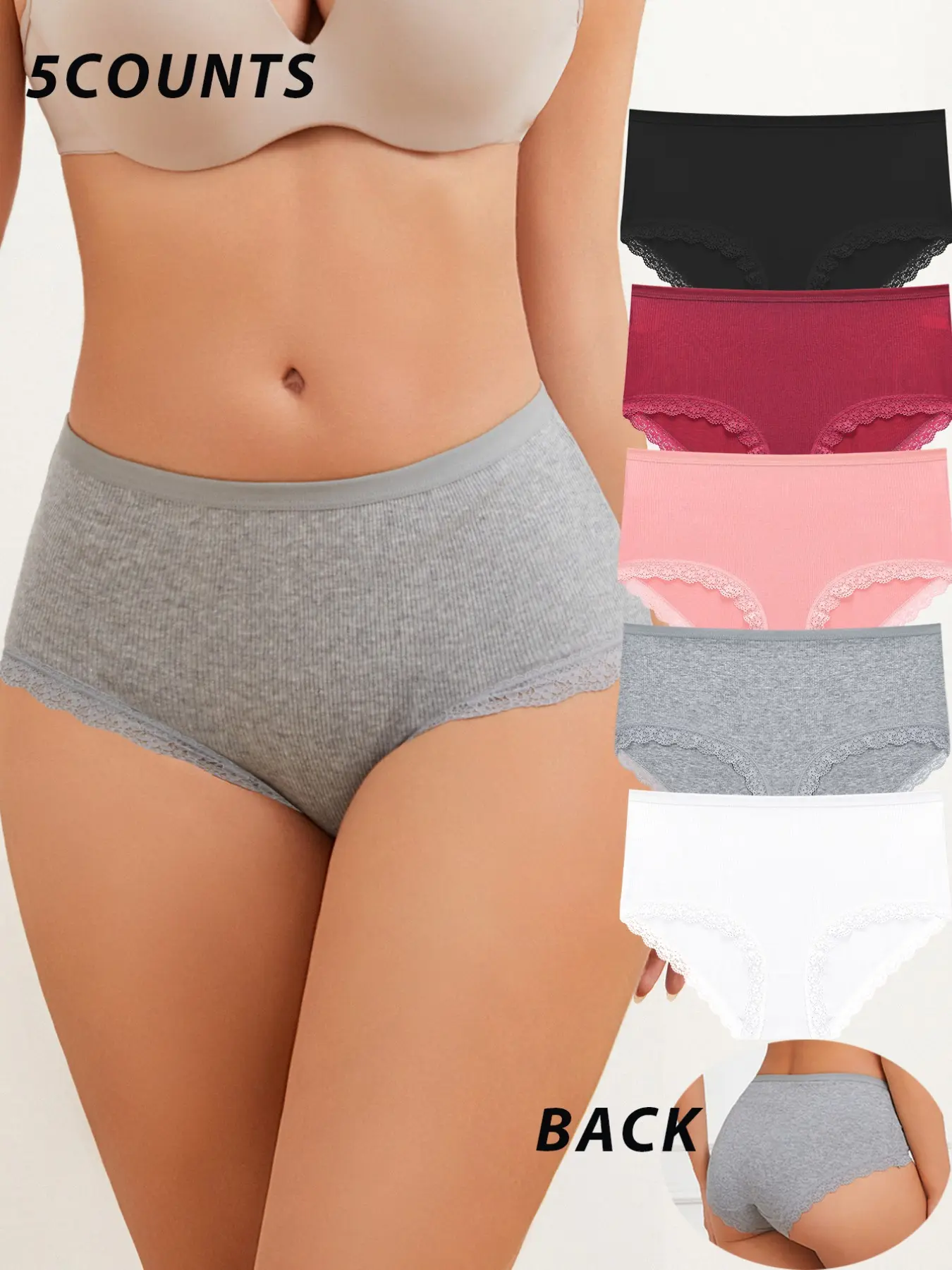 5-Pack High-Waist Pregnant Women's Briefs, Maternity Underwear, Maternity Undies, Pregnancy Underwear, Stretchy Breathable Lace Trim, Comfortable Skin-Friendly Design, All-Season Wear