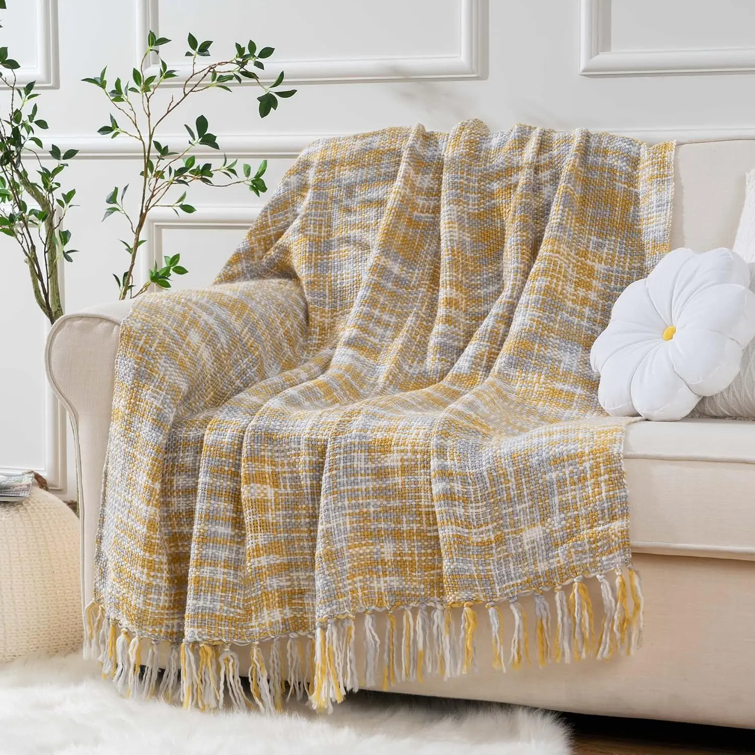Yellow Throw Blanket for Couch Bed, Mustard  Blanket for Spring Summer, Multicolor Throw Blanket for  Decor, 50"x60"