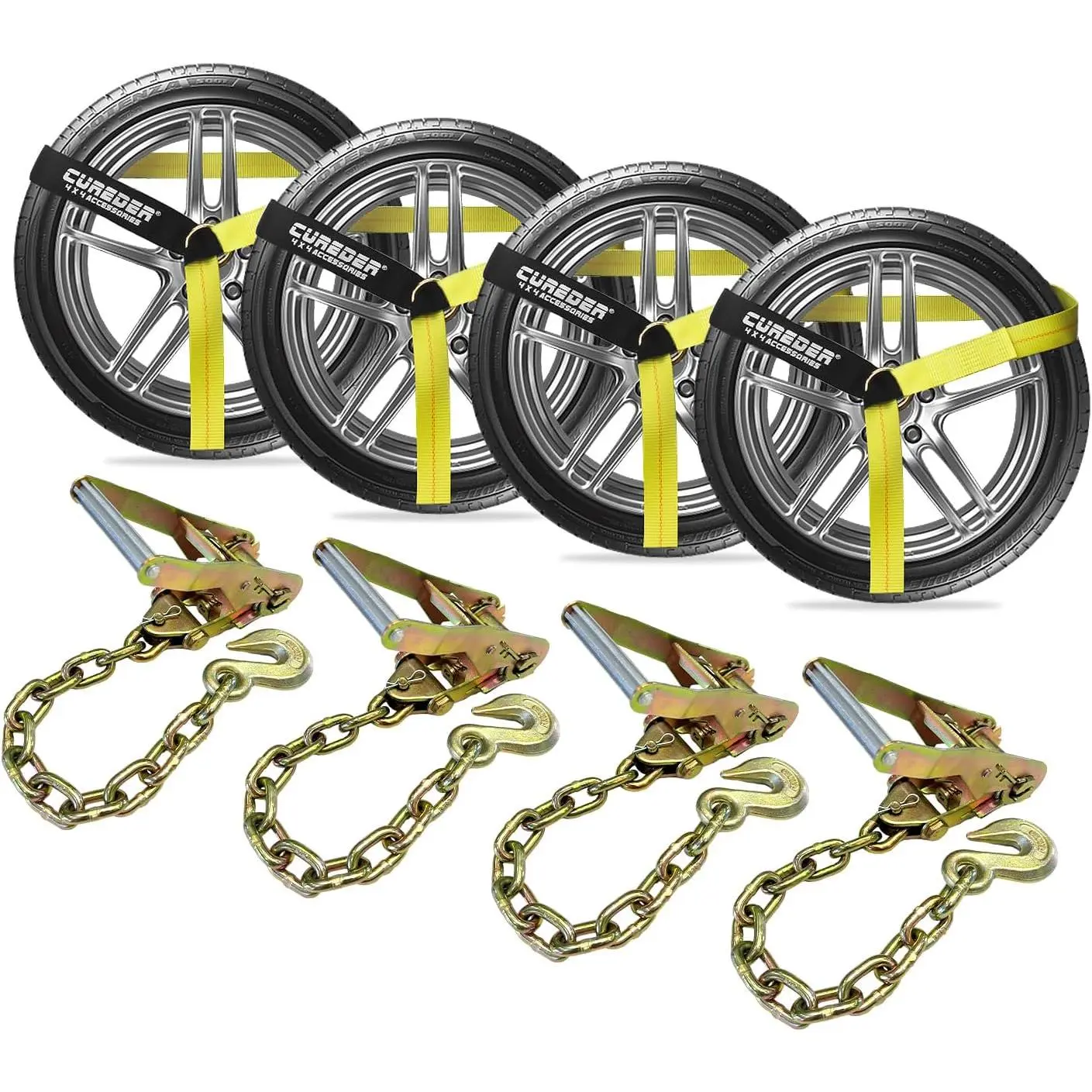 Tie Down Straps for  with Heavy Duty Chain Anchors (4 PK) - 2 Inch x 10  - 3,300 lbs Safe Working Load, Wheel Straps for Hauling ,Tire Straps for a