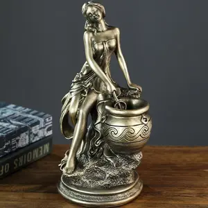Classical Art Female Sculpture, Vintage Bronze Resin Statue with Wave Pattern Planter, Ideal for Home Decor and Gifting