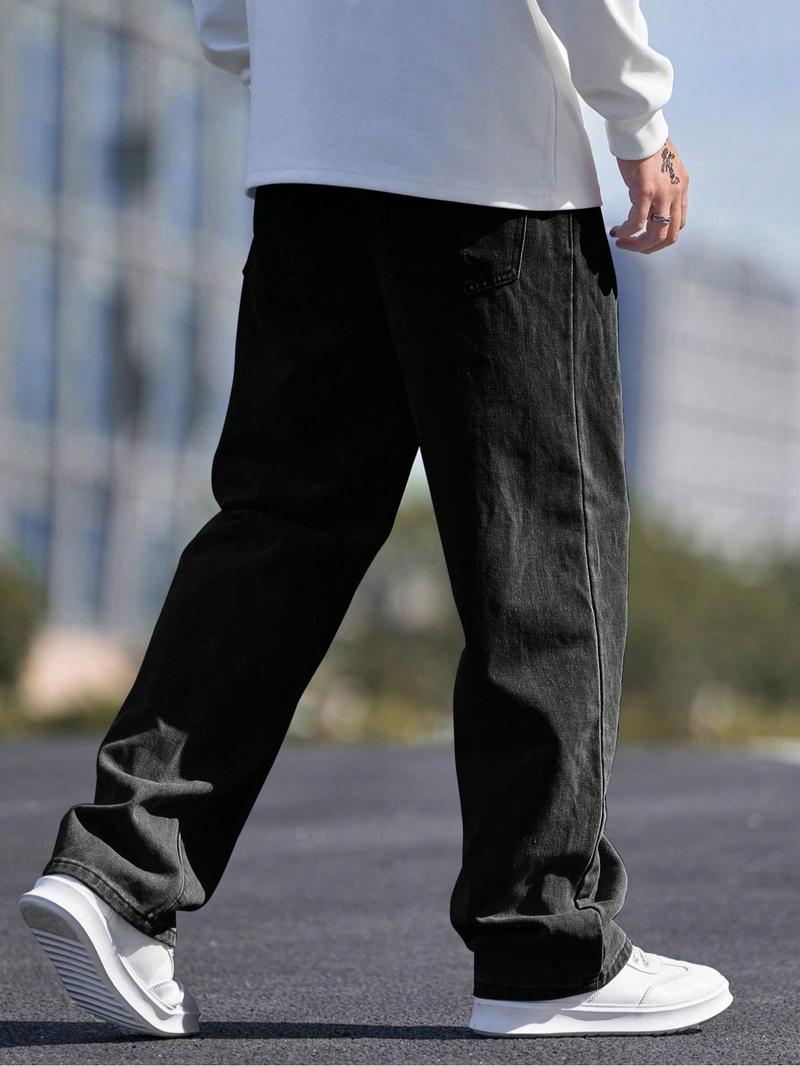 【Plus Size】 Men's Solid Color Wide Leg Slouchy Jeans, Fashion Casual Comfy Denim Trousers for Daily Outdoor Wear, Men Plus Size Bottoms for All Seasons, Pants