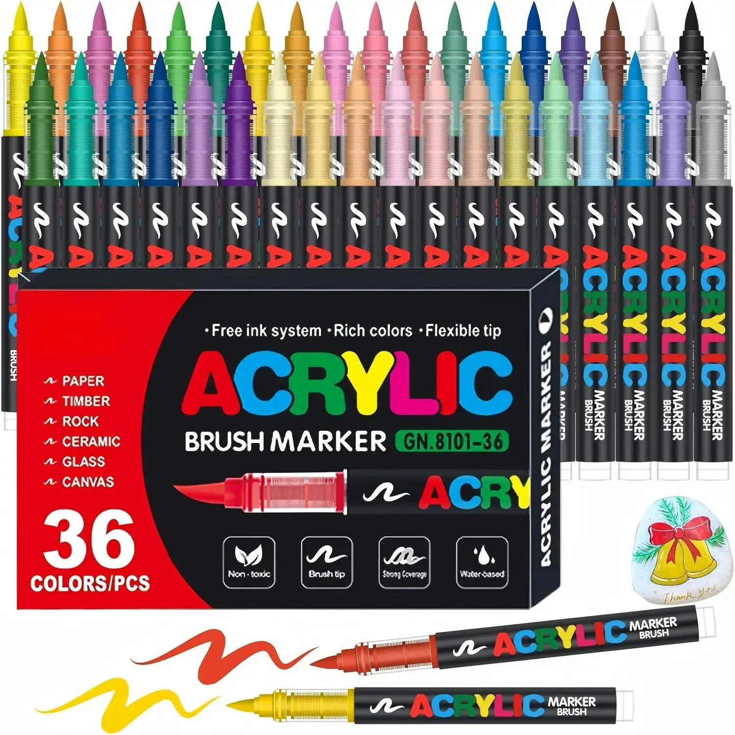 Acrylic Paint Markers, Art Marker Pens - 36 Color Marker Pen Set, Artist Fine and Soft Brush Tip Marker for Rock Painting, Books Coloring, Note Taking, Card Writing, Ston Graffiti, DIY Crafts, Drawing Art Supplies Kit, Art Pen Set