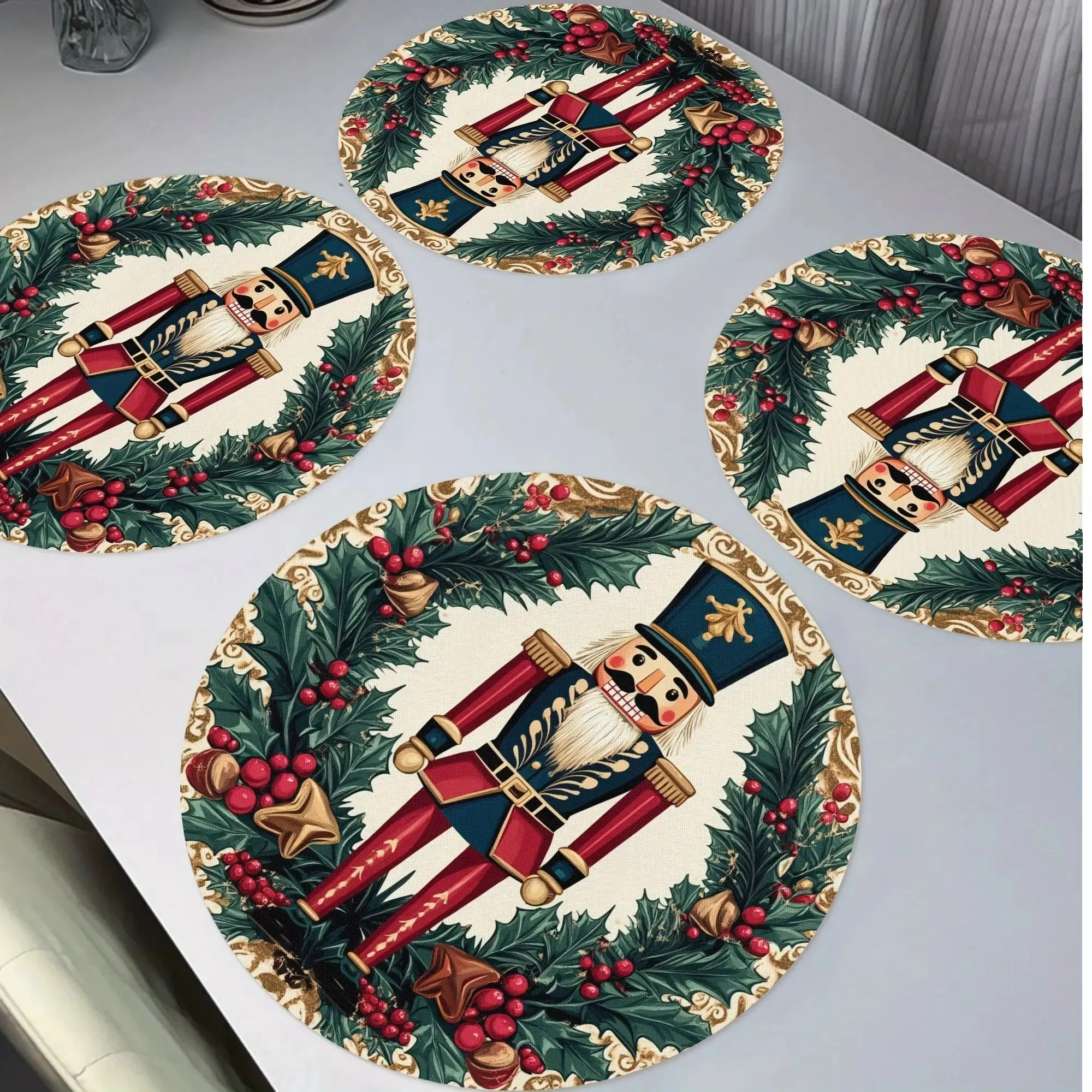 Vintage Christmas Nutcracker Round Placemats, Table Placemats, 4/6/8/10pcs, Holiday Berry Party Decor, Kitchen & Dining Room Decoration