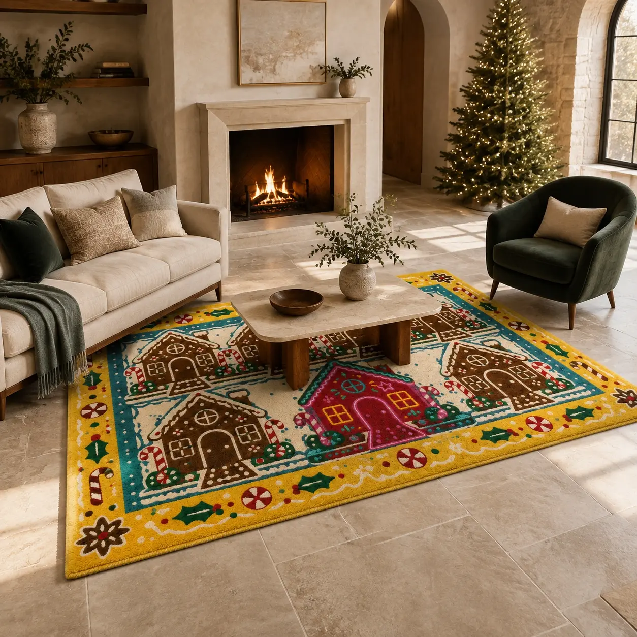 Christmas Gingerbread House Pattern Rug Plush Faux Cashmere High-Definition Print Machine Washable Non-Slip Easy Care Living Room Bedroom Decoration