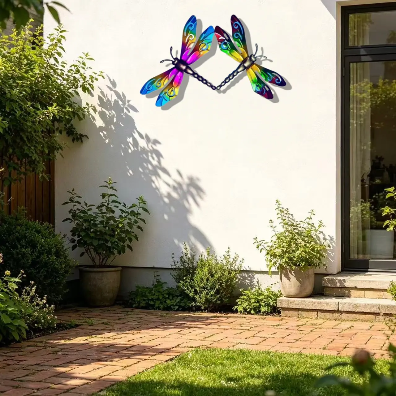 Outdoor Decorative Set of 2 Iron Dragonfly Wall Hangings, Home Villa Garden Courtyard Decoration, Realistic Metal Art Craft