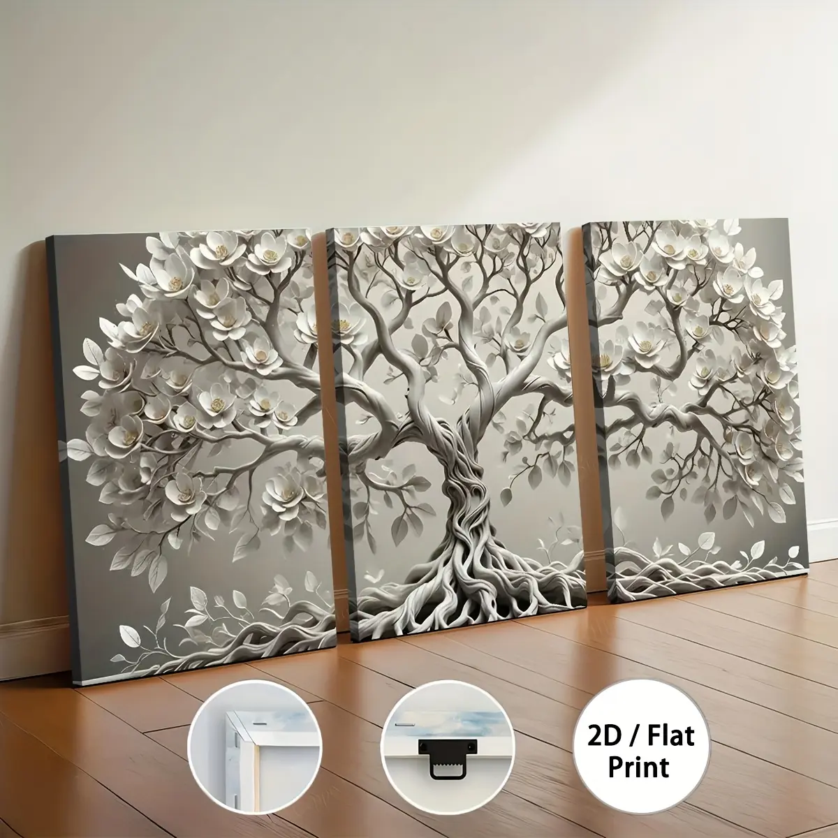 2D flat, 3-piece set of 2D/flat print paintings with framed canvas, simple style modern abstract tree and flower landscape, home decor wall art, room hanging painting, holiday gift, decorative wall picture for living room, bedroom, dining room, office