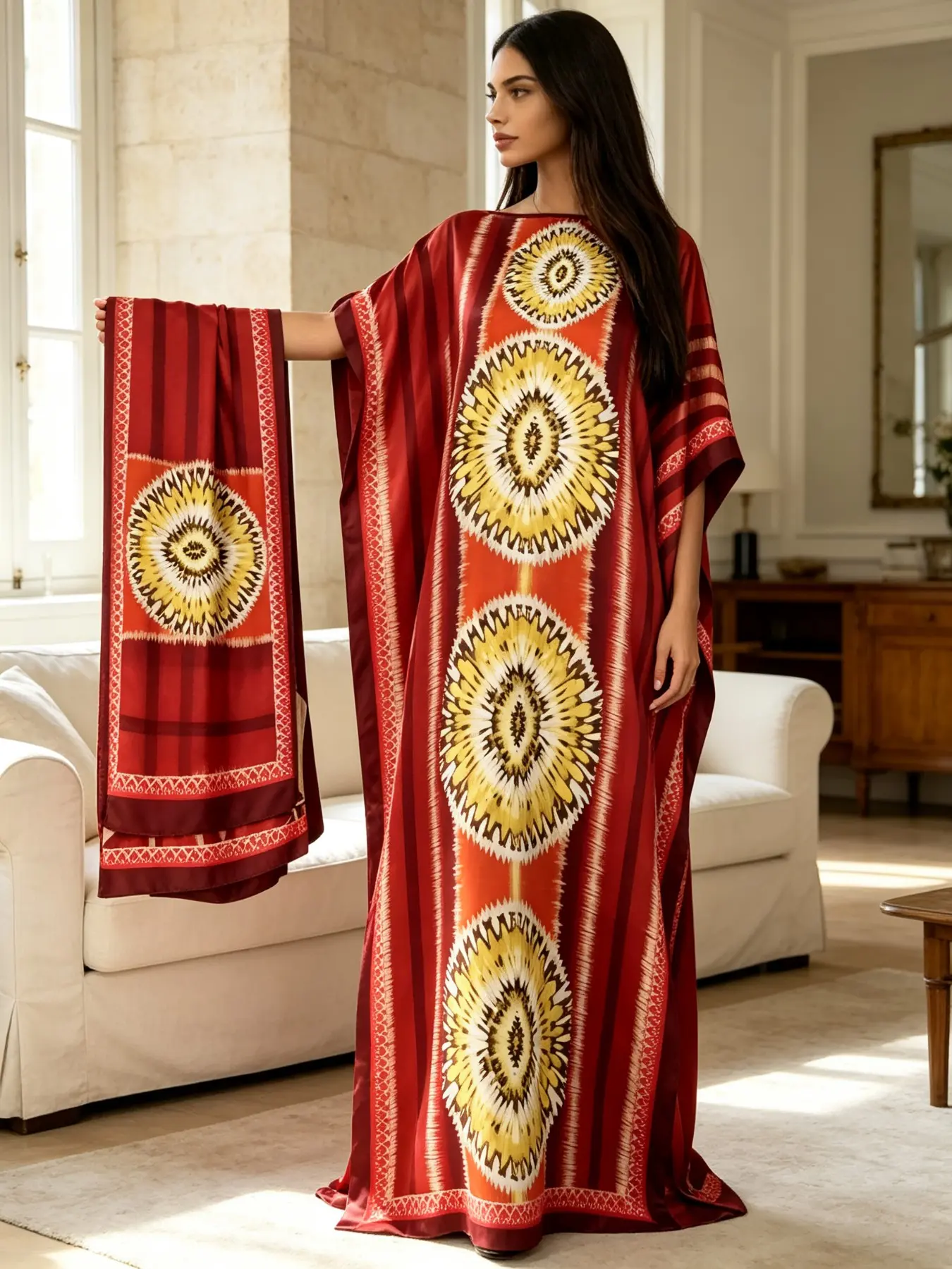 Plus Size Women's Two-Piece Satin Kaftan Set, Tie-Dye Sun Circle Tribal Print, Loose Fit Home Beach Kaftans Vacation