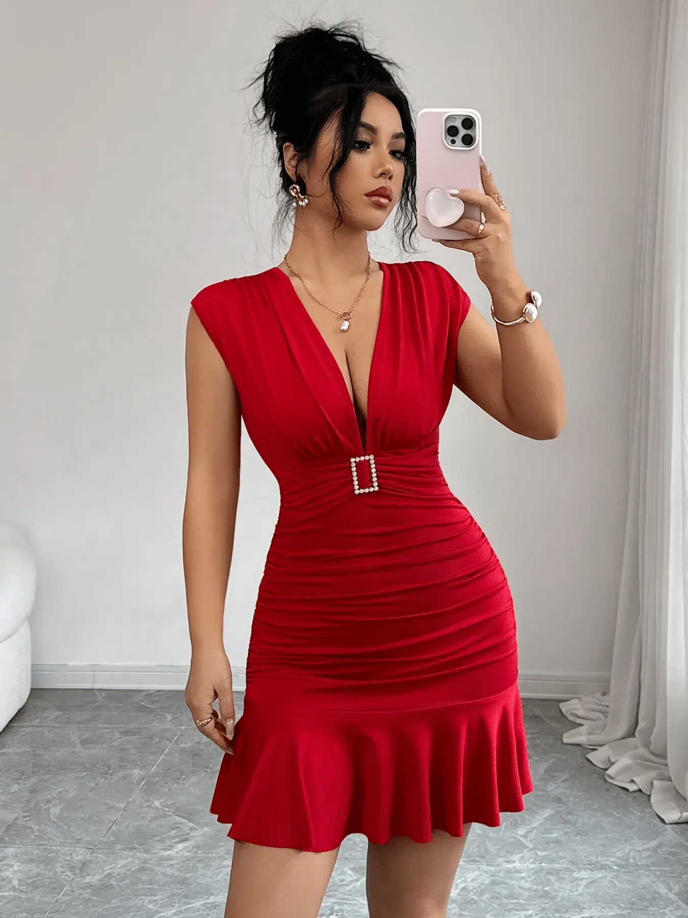 V-Neck Bodycon Dress, Sexy Chic Elegant Style, Ruched Waist, Rhinestone Button, Flounce Hem, Sleeveless Short Dress, Nightclub Party Date Wear, Feminine