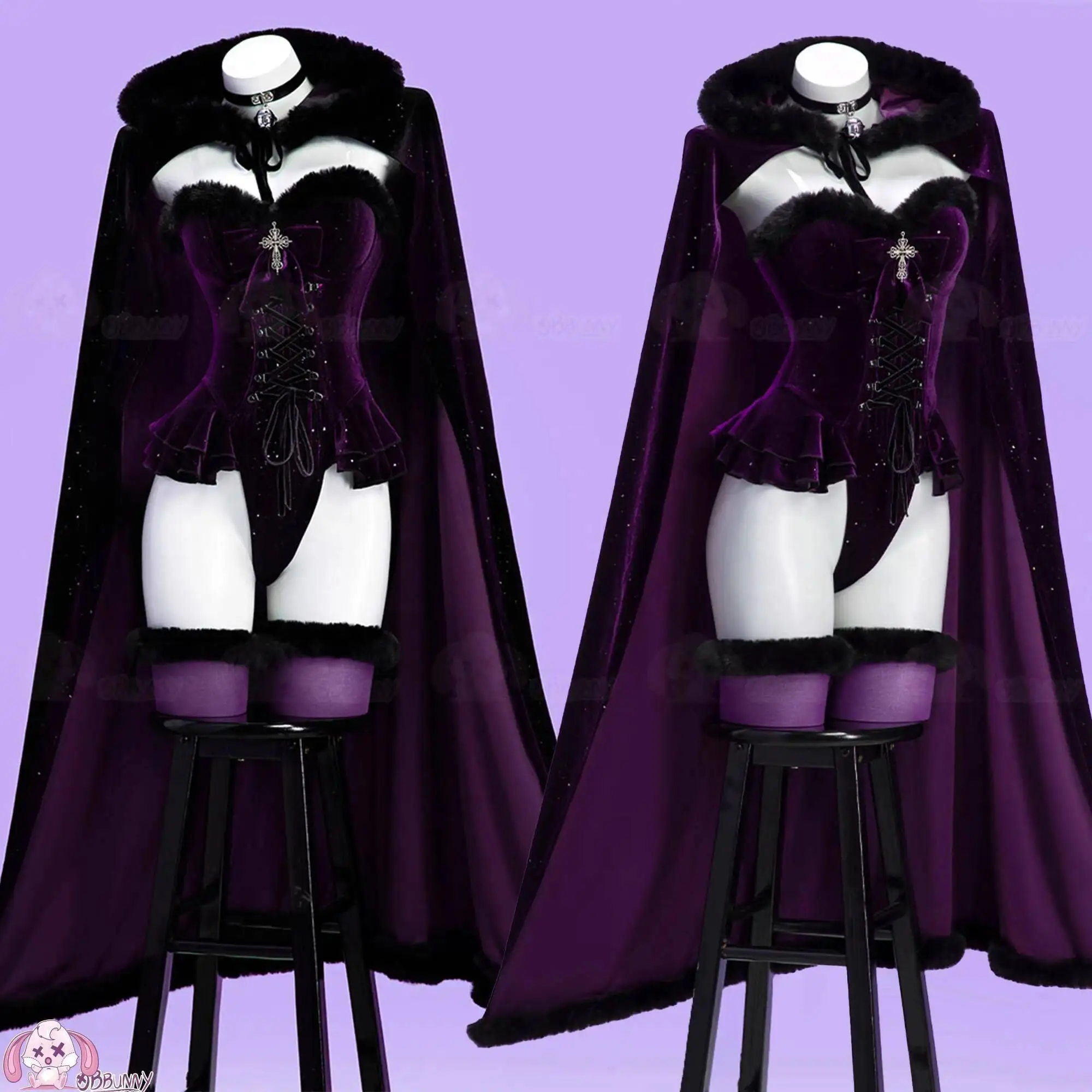 Exploding Rabbit Witch Night Banquet Cosplay Costume Halloween Women's Black/Purple Plush Cape Cosplay Set