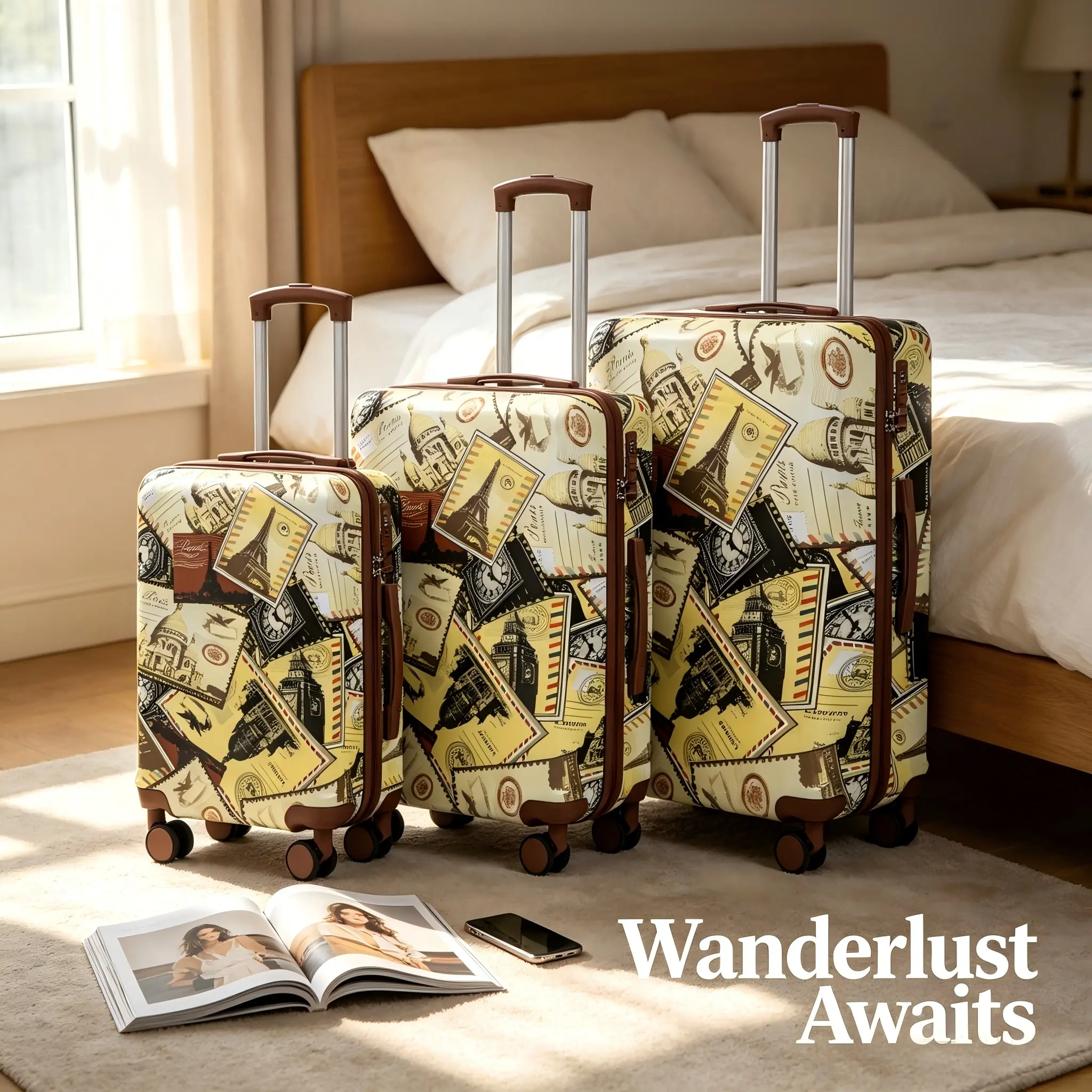 3-Piece Polymer Luggage Set, Vintage Eiffel Tower Print Hardshell Suitcases with Silent Spinner Wheels & Combination Lock for International Travel, 20/24/28 Inch, Buckle, Polymer Luggage Sets, 19.49" L X 11.42" W X 30.31" H, Telescopic Handle Luggage Sets