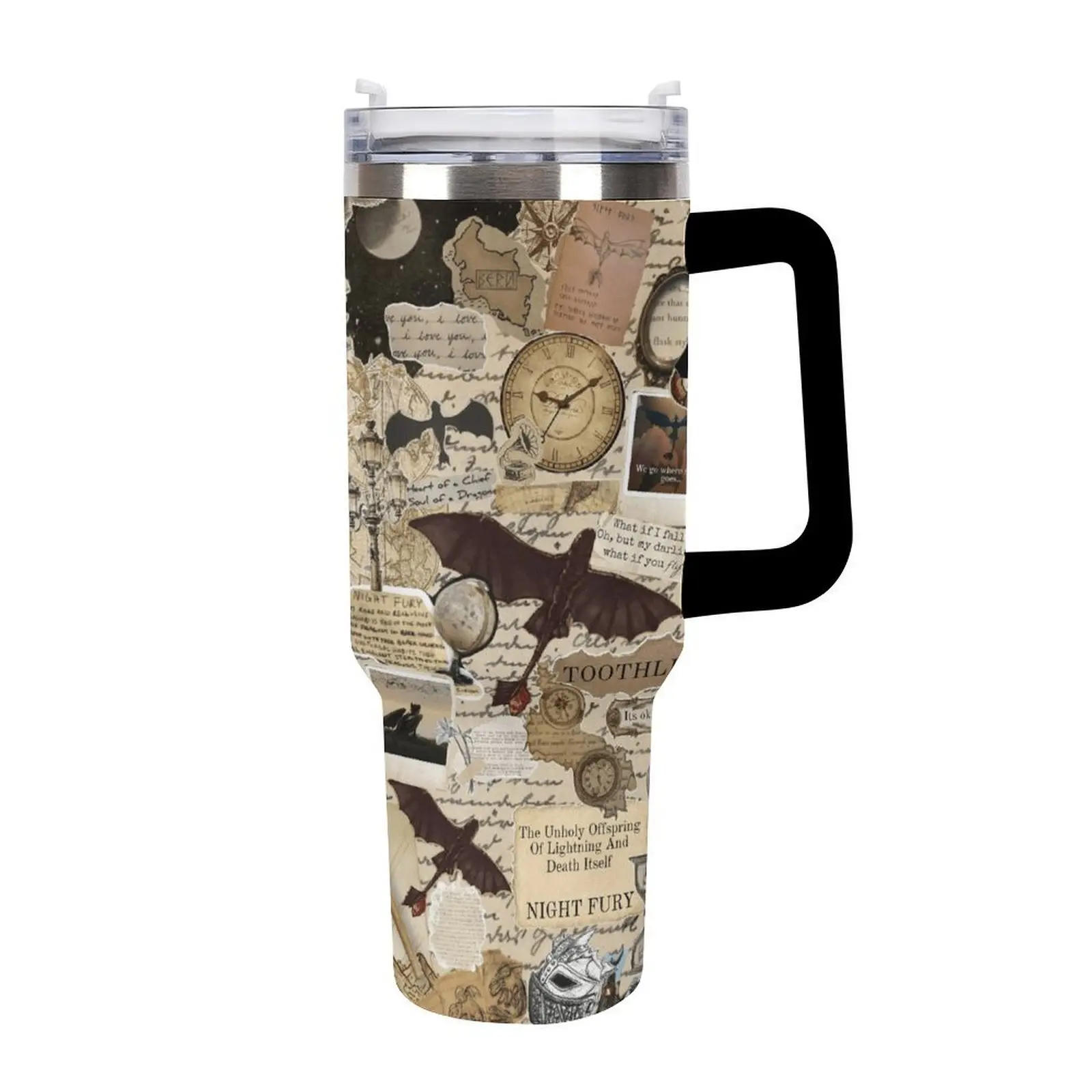 Night Fury Dragon Aesthetic Tumbler – Vintage Scrapbook Style Stainless Steel Travel Mug with Handle, 40oz Tumbler – Toothless Collage Design Travel Cup