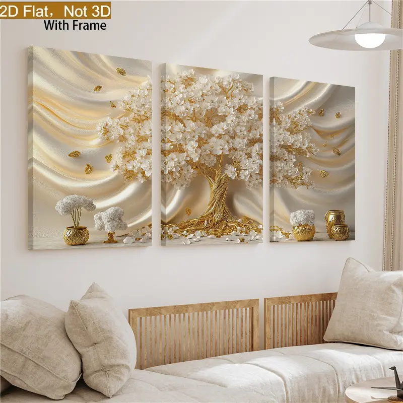 Modern 3-Piece Vertical Tree Wall Decor Artwork - Waterproof, Glossy Gold Branch & Landscape Wooden Frame Oil Painting, Hanging Wraparound Frame Decorative Panel for Living Room, Bedroom, Water Proof, Artistic