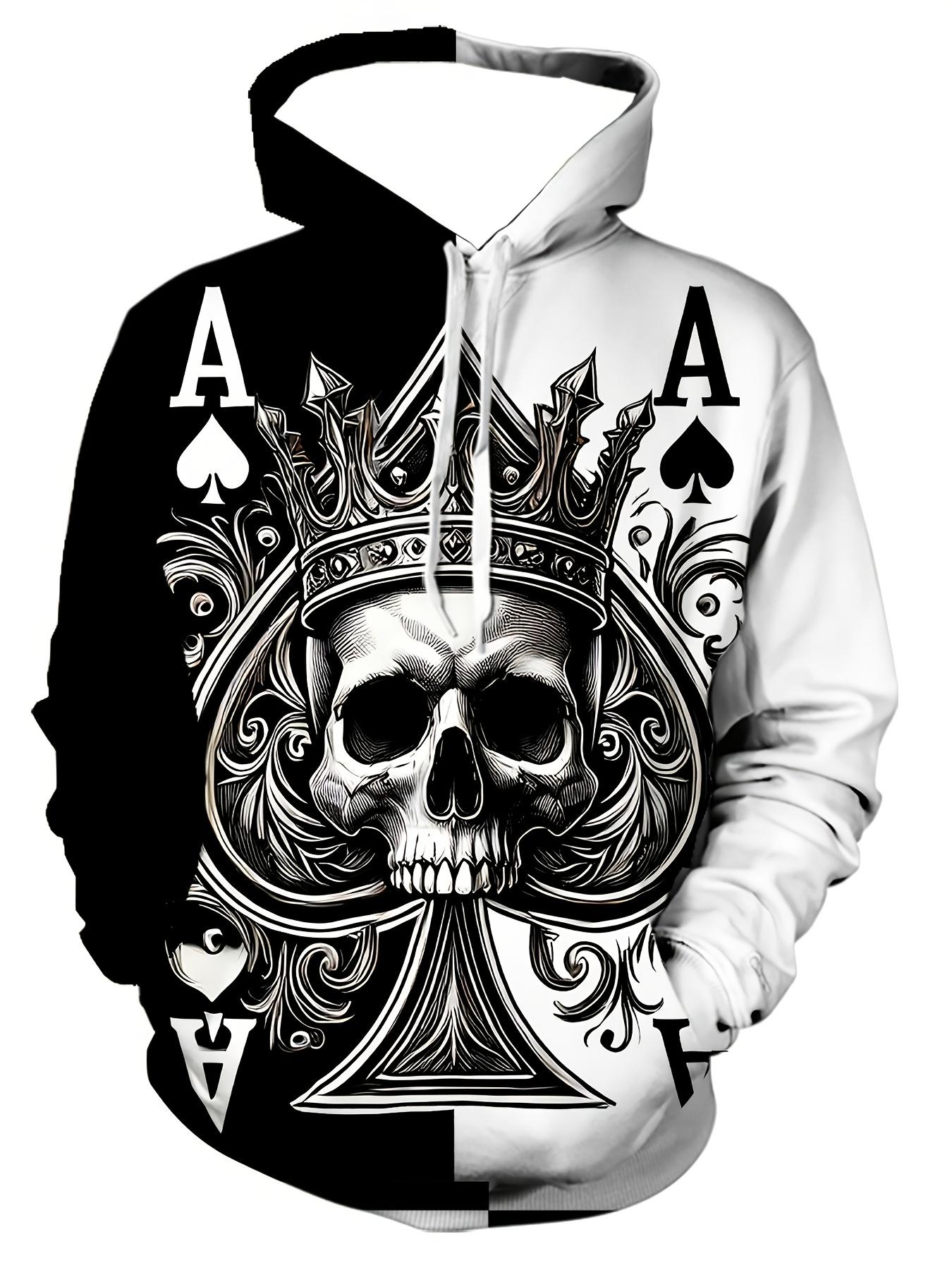3D Men's Skeleton Poker Pattern Long Sleeve Casual Hoodie with Drawstring Pocket, Fashionable Pattern Hoodie Sports Fashion Sports Daily Spring and Autumn Top