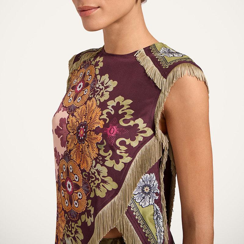 Ethnic Vintage Floral Print Woman Clothes Elegant O Neck Tassel Cross Split Irregular Top Summer Sleeveless Zipper Blouse Shirts, Irregular Tassel Crossover Vintage Top, Women's Unique Design with Tassels