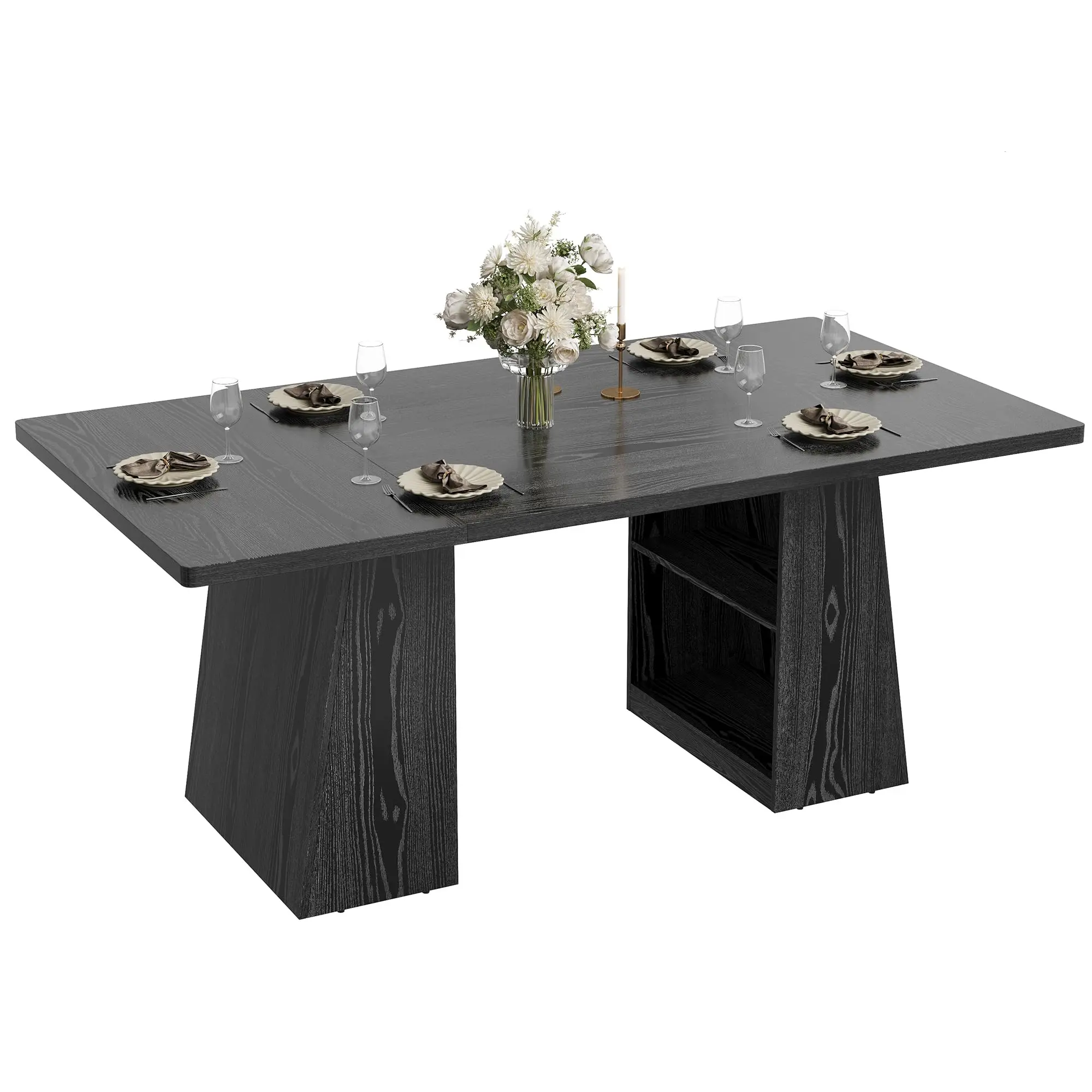 GAOMON Modern 71" Rectangular Wooden Dining Table for 4–8 People with 2-Layer Storage Shelf, Suitable for Dining Room, Kitchen, Home Office in Black, Retro, Grey, or Natural Finish
