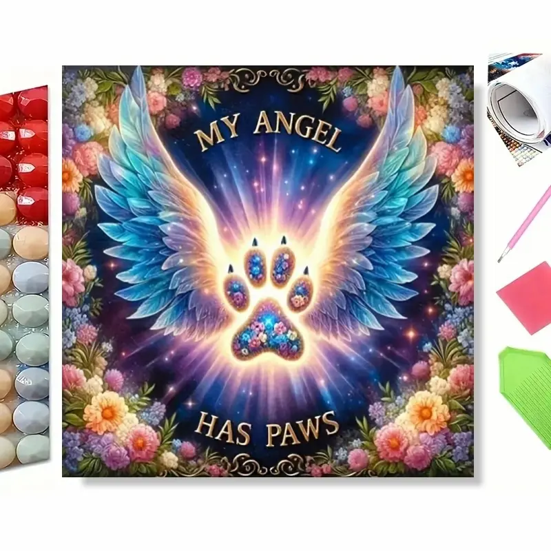 5D Full Drill Diamond Painting Kit, My Angel Has Paws Paw Print Angel Wings Flower Pet Memorial Art, DIY Rhinestone Wall Decor for Pet Lovers