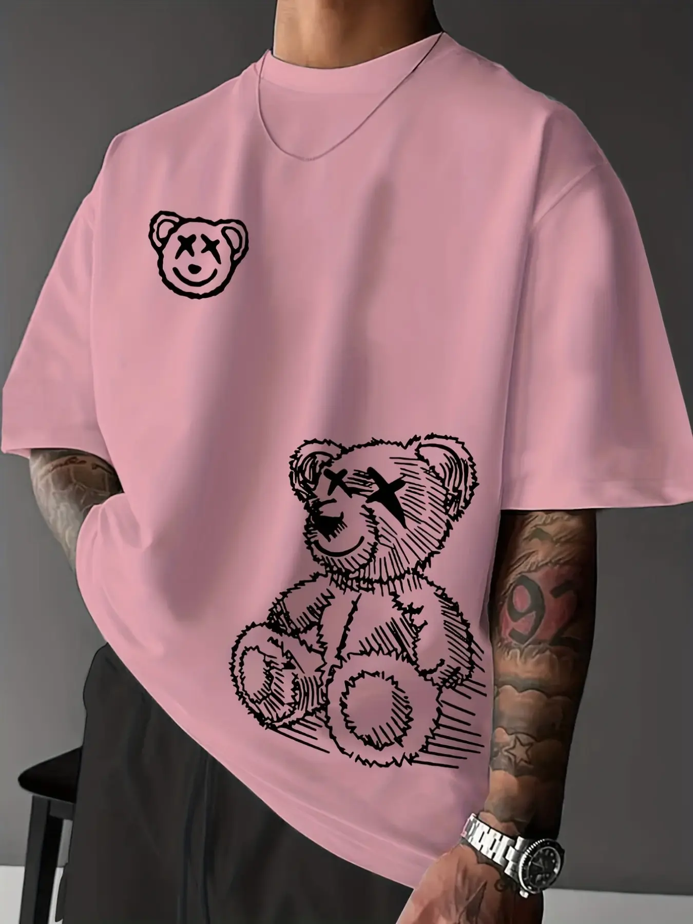 Men's Casual Bear Graphic Tee - Soft Polyester, Crew Neck, Short Sleeve, Summer Fashion T-Shirt