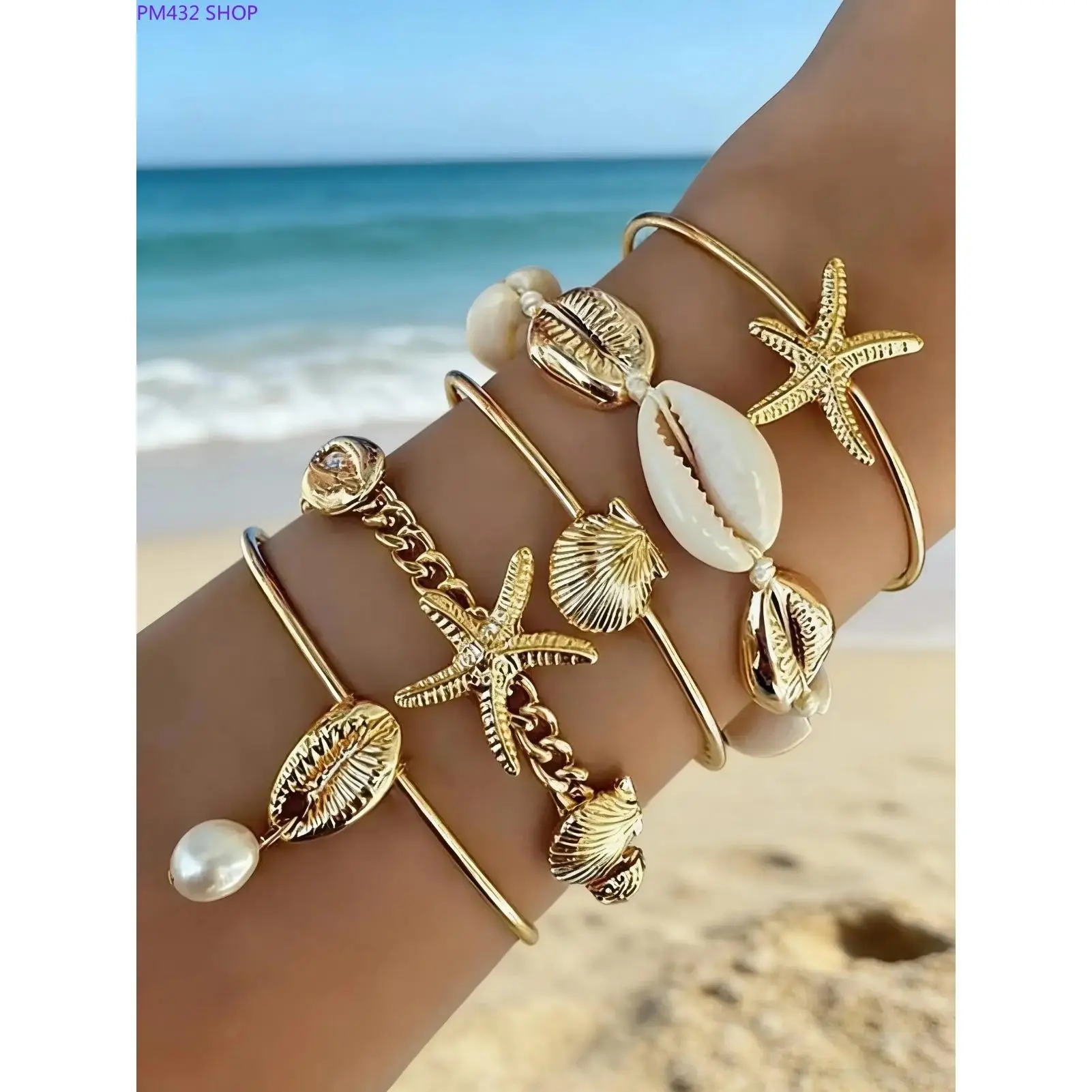5-Piece Beach Jewelry Set for Women, Starfish & Shell Necklace, Bracelet, Earrings and Ring Set, Coastal Boho Vacation Accessories