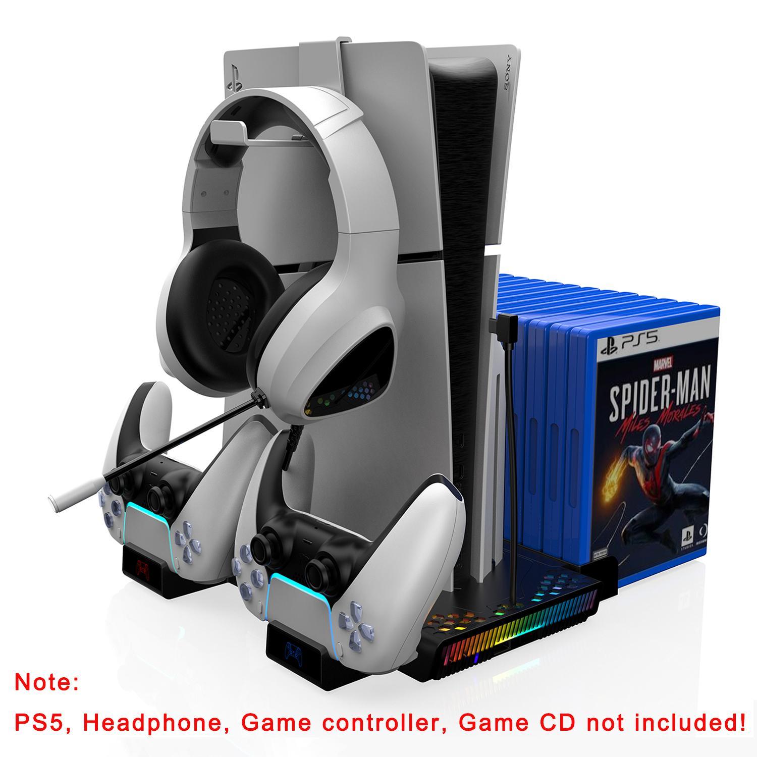 GAMINJA Charging Base Station for PS5, Vertical Cooling Fan with Game Slot, Dual Controller Charger, Storage Accessories for PS5, Charging Dock Accessories