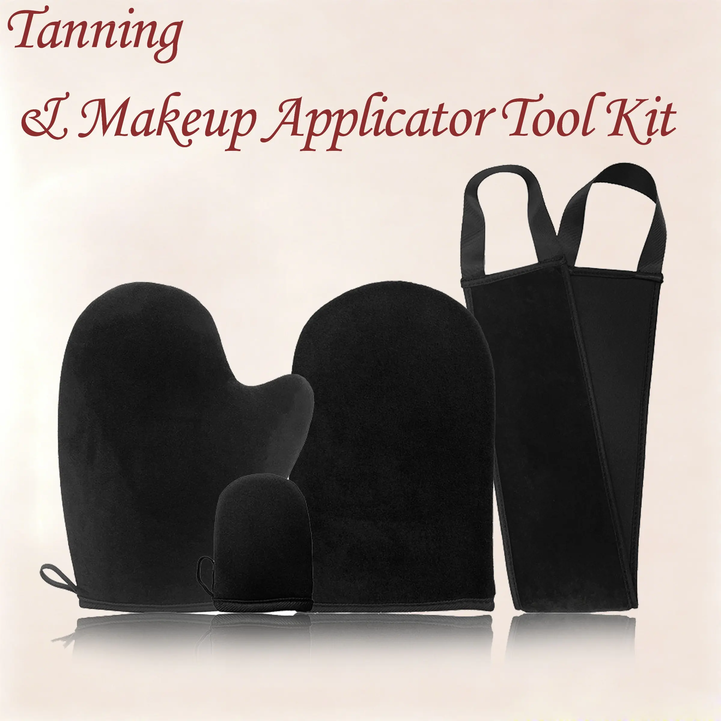 Four-Piece Tan Application Tool Set, Velvet Traceless Gloves, Mini Face Gloves, Back Brush Strap, Washable, DIY Full Body Bronzing Kit