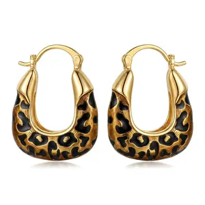 Women's Trendy Leopard Print Chunky Hoop Earrings Gold Tone U-Shaped Animal Pattern Enamel Huggies Statement Fashion Jewelry