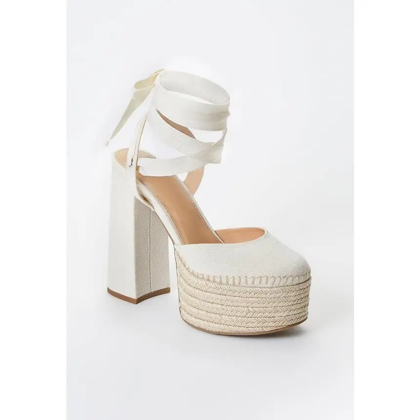 Elegant Espadrille High Heels for Women, Classy Natural Linen Pumps with a Closed Toe, Chunky Block Heel & Ribbon Ankle Tie, Stylish, Fashion, Footwear, Heeled, Shoes, Braid, Brunch, Ribbon Tie, Adjustable Ribbon Ankle Wrap