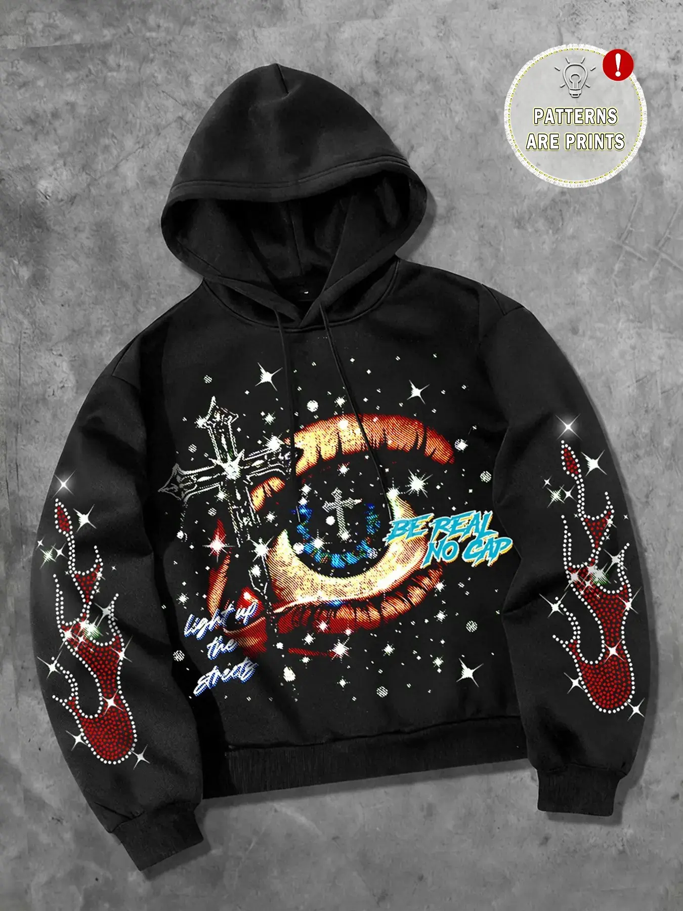 Y2K Style Graphic Eye Flame Print Hoodie for Men, Cross Crystal Embroidery Zip-Up Sweatshirt, Casual Fall & Winter Streetwear, Essential Ootd
