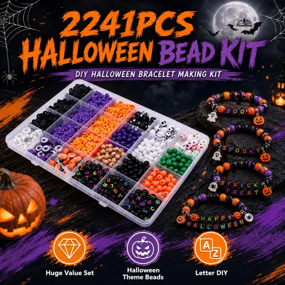 2241-Piece Halloween DIY Bracelet Making Kit - Mixed Beads, Charms, Elastic String, Pumpkin, Skull, Letter Beads for Handmade Jewelry, Friendship Gifts, DIY Crafts Indoor Leisure Activities