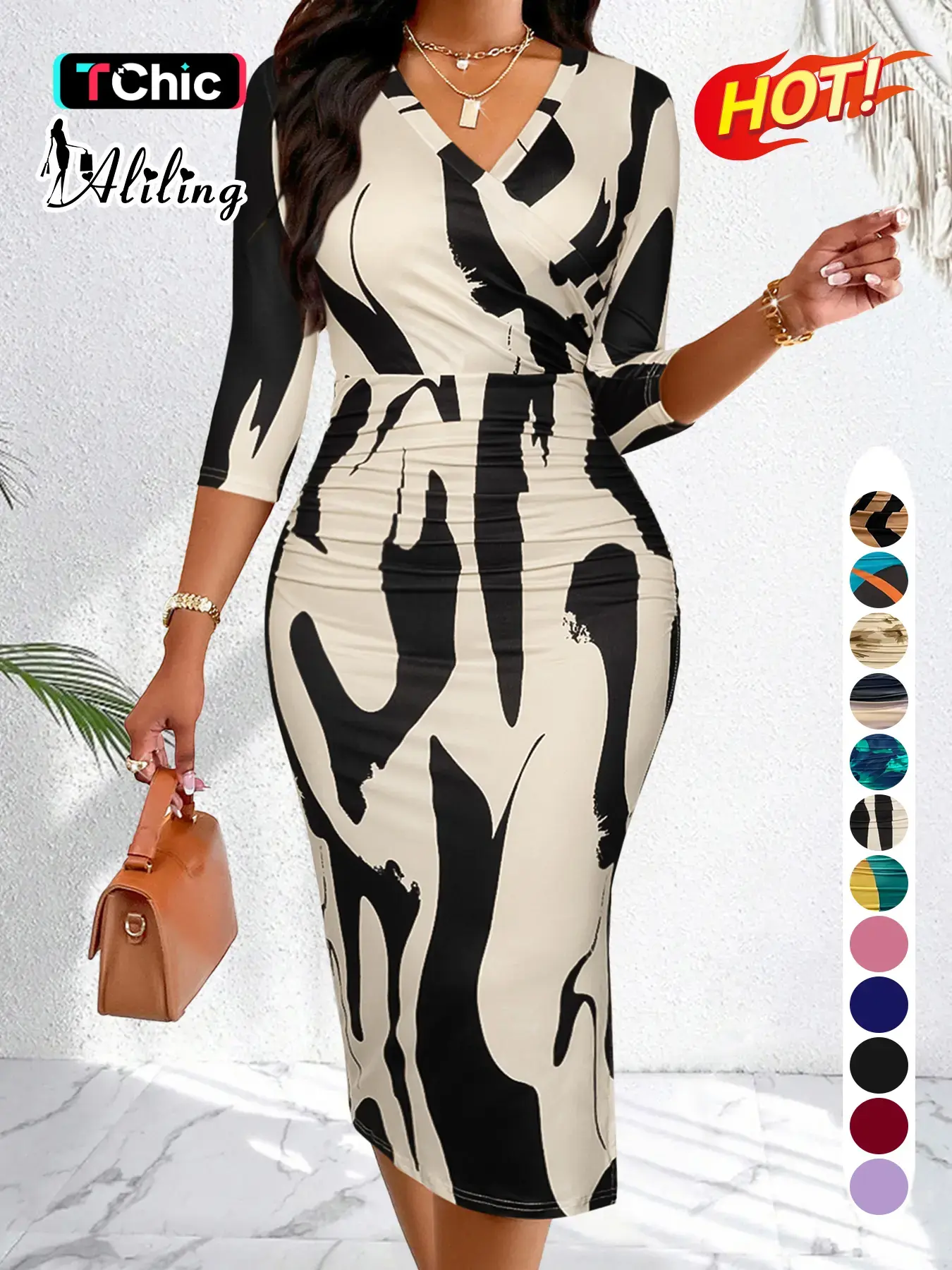 Aliling Women's Christmas Dress Spring & Fall Thin Lightweight Polyester Fabric Elegant Formal Midi V-Neck Half Sleeve Geometric Print Ruched Slim-Fitting Dress
