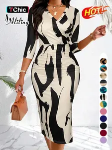 Aliling Women's Christmas Dress Spring & Fall Thin Elegant Midi V-Neck Half Sleeve Geometric Print Ruched Slim-Fitting Dress
