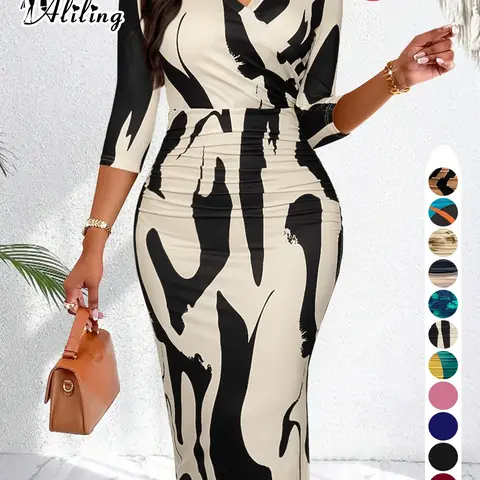 Aliling Women's Christmas Dress Spring & Fall Thin Lightweight Polyester Elegant Formal Midi V-Neck Half Sleeve Geometric Print Ruched Slim-Fitting Dress Garment