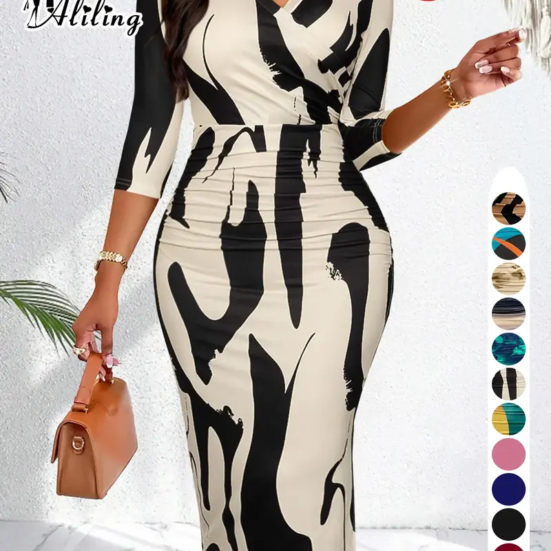 Aliling Women's Christmas Dress Spring & Fall Thin Lightweight Polyester Elegant Formal Midi V-Neck Half Sleeve Geometric Print Ruched Slim-Fitting Dress Garment