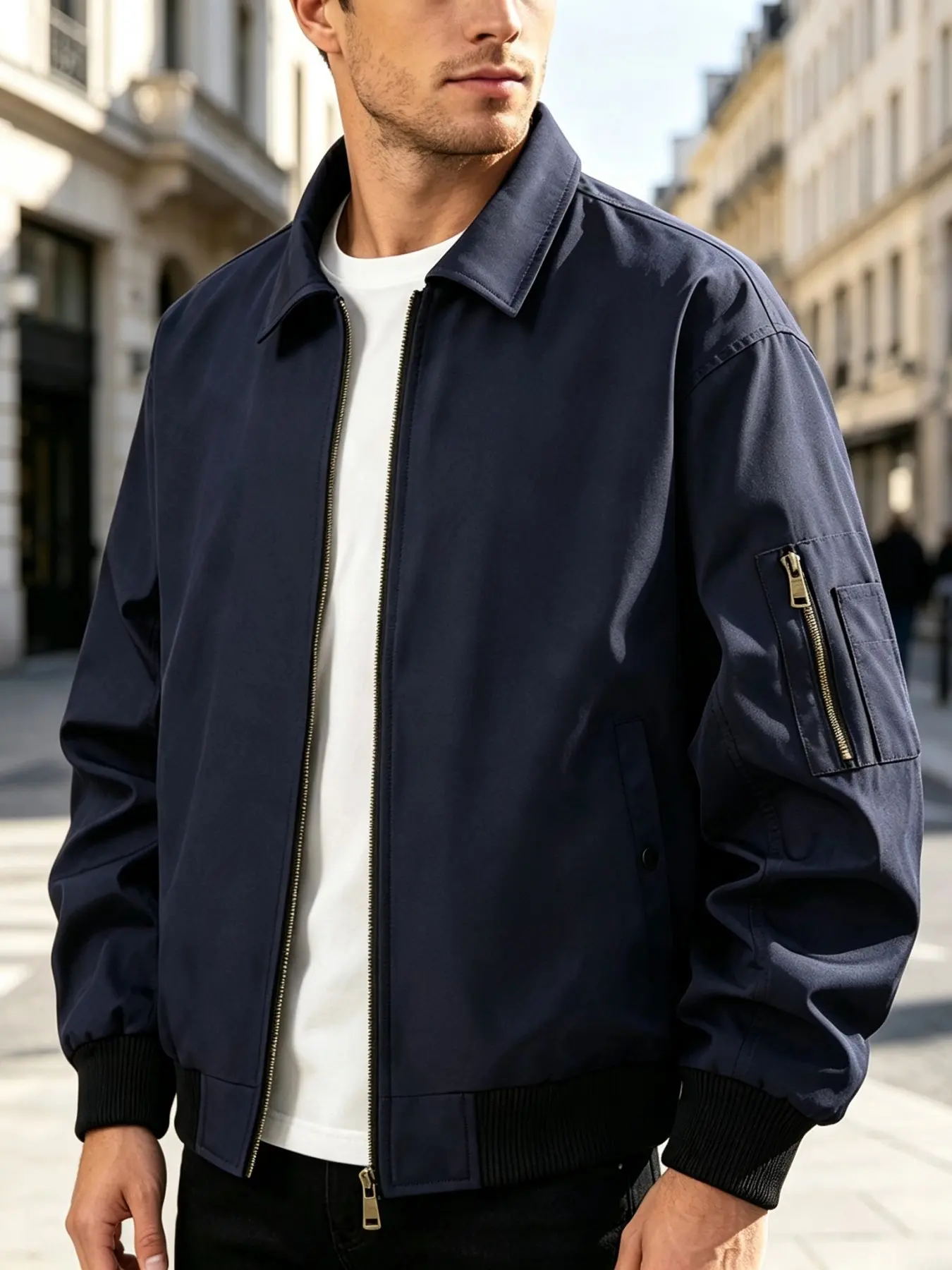 Men's Classic Notch Lapel Pilot Jacket, Lightweight Business Casual Windproof Zipper Harrington Coat, Loose Fit Fall Outdoor Commute Wear
