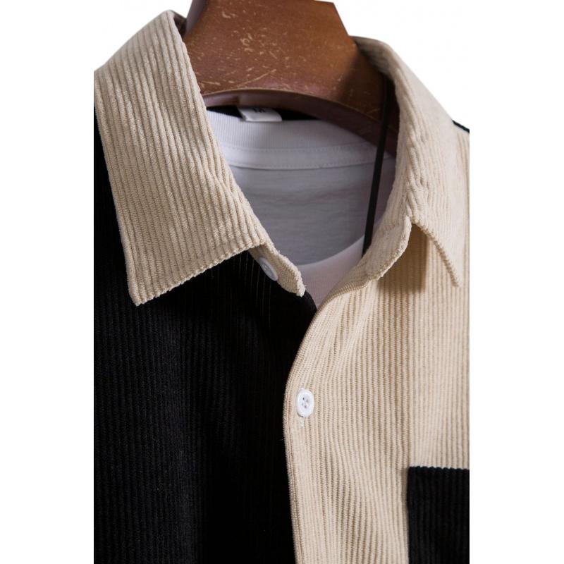 Men's corduroy color-block short-sleeve shirt, casual button-up shirt with chest pocket, vintage summer street style, soft and breathable, suitable for everyday wear