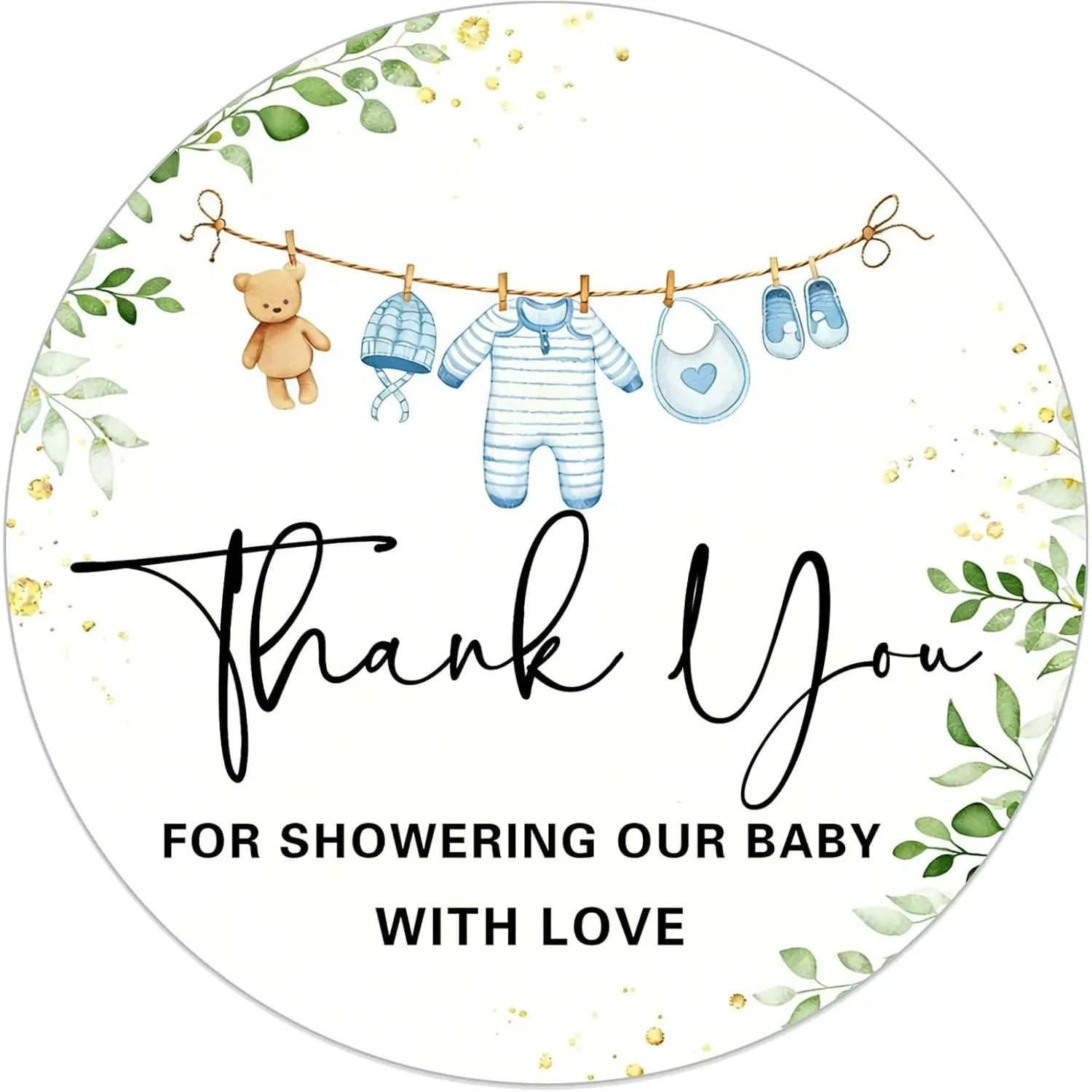 120 Pack  Shower Stickers for Boy, Thank You Labels for Boy  Shower Party Favors, Blue  Clothes Design Round Adhesive Seals for Bags Envelopes Gifts, 1.6 Inch