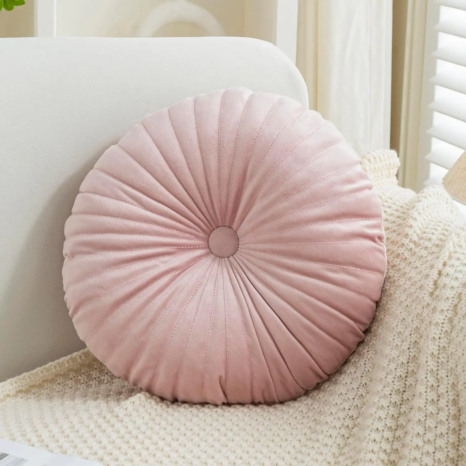 Velvet Round Throw Pillow Pleated Round Pillow Cushion Decoration for Couch Chair Bed Car Pink | Cute home decor,13.78 x 13.78 inch decorative pillow for couch,chair,bed,car,pink