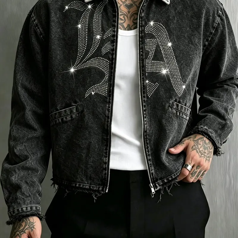 Men's Casual Street Style Streetwear Rhinestone Decorated Denim Jacket, Vintage Washed Denim Zipper Coat, Bright La Rhinestone Pattern, Loose Fit Hip Hop Top
