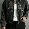 Men's Casual Street Style Streetwear Rhinestone Decorated Denim Jacket, Vintage Washed Denim Zipper Coat, Bright La Rhinestone Pattern, Loose Fit Hip Hop Top
