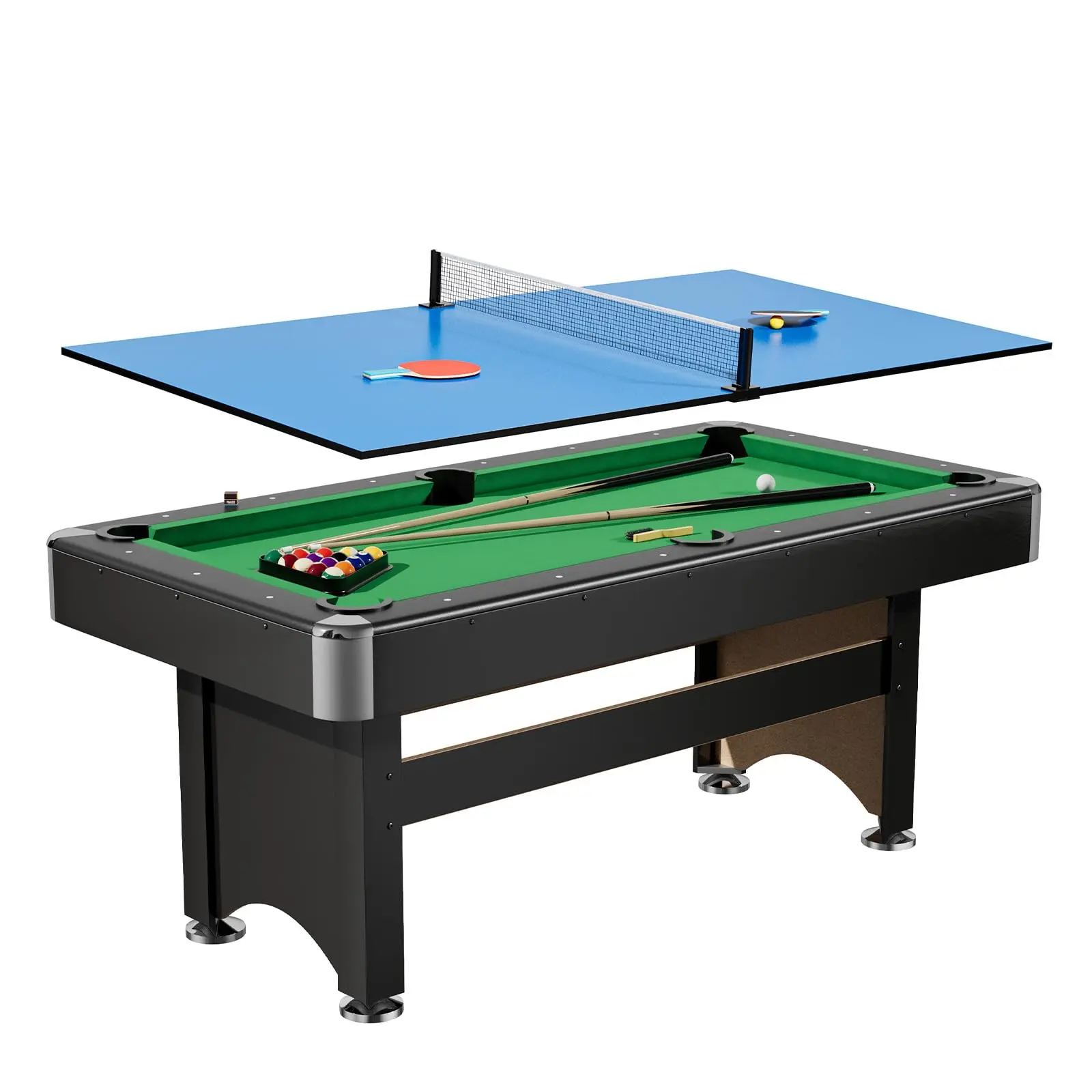 6FT Multi-Purpose 2-in-1 Combo Game Table, Dual-Use Pool Table and Ping Pong Table, Sturdy Durable Frame, Quick Assembly, Complete Set with Balls, Cues, Paddles and Cleaning Brush for Indoor Home Entertainment