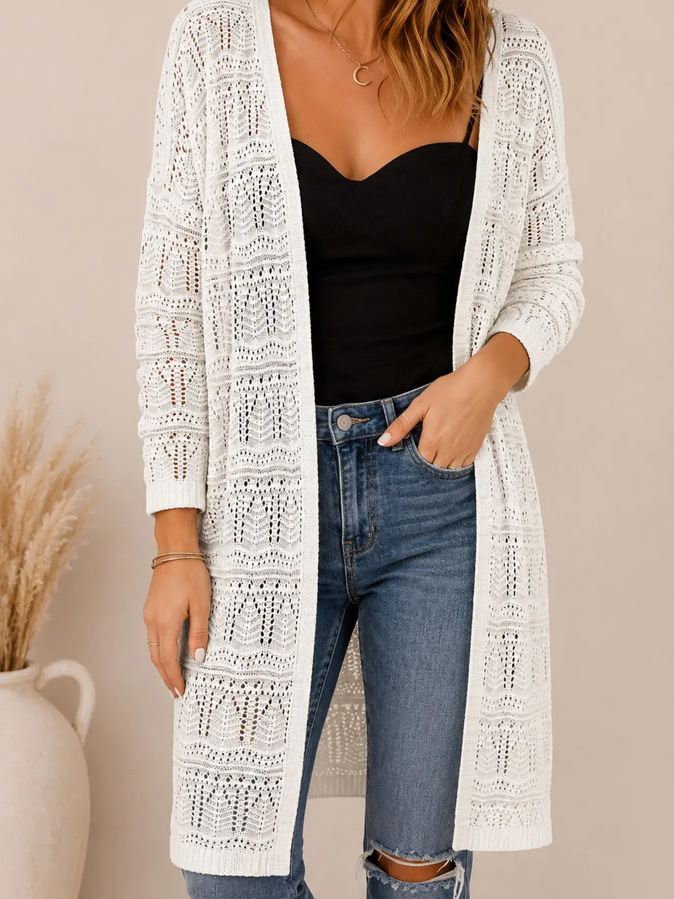Women White Open Front Cardigan Loose Long Sleeve Crochet Knit Kimono Sweater Knitwear Lightweight Pointelle Open Knit Longline Top Casual Vacation Outerwear
