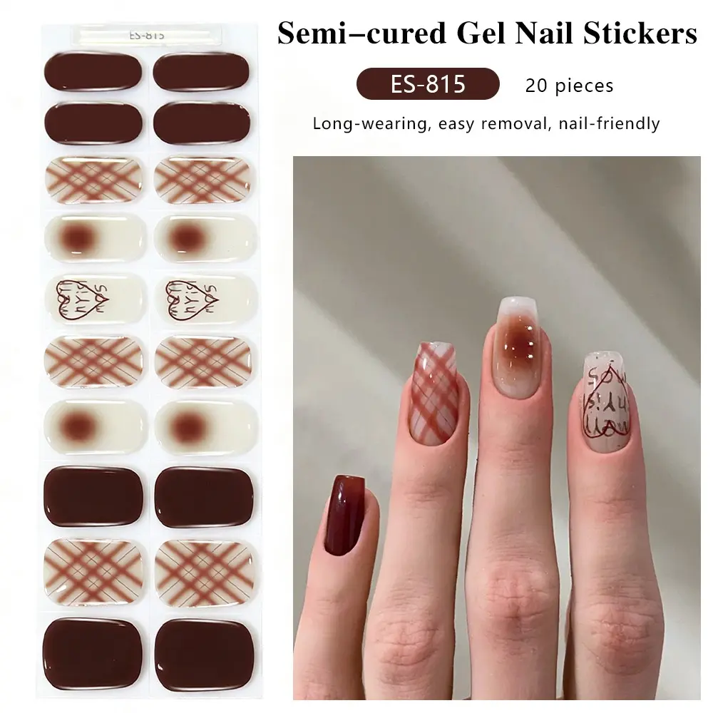 Chocolate Plaid Heart Autumn Winter Mood 20 Finger Semi-Cured Gel Nail Stickers With UV Light, UV Light Curing, Es634 Model
