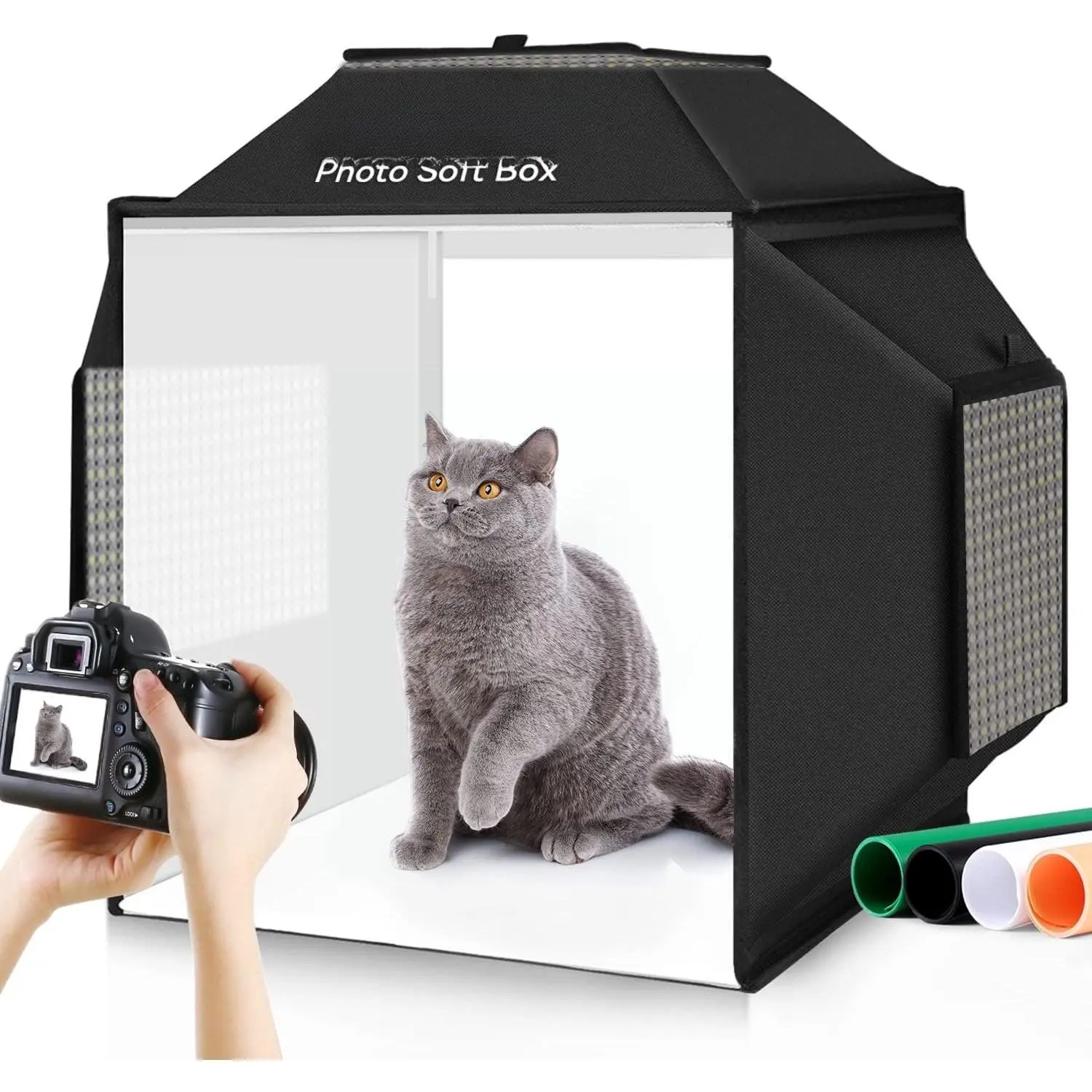 12"x12"x12" Photo Studio Light Box Photography Booth with 120 LEDs, 3000-5700k Adjustable, 6 Color Backdrops, Dimmable Folding  Tents for Product