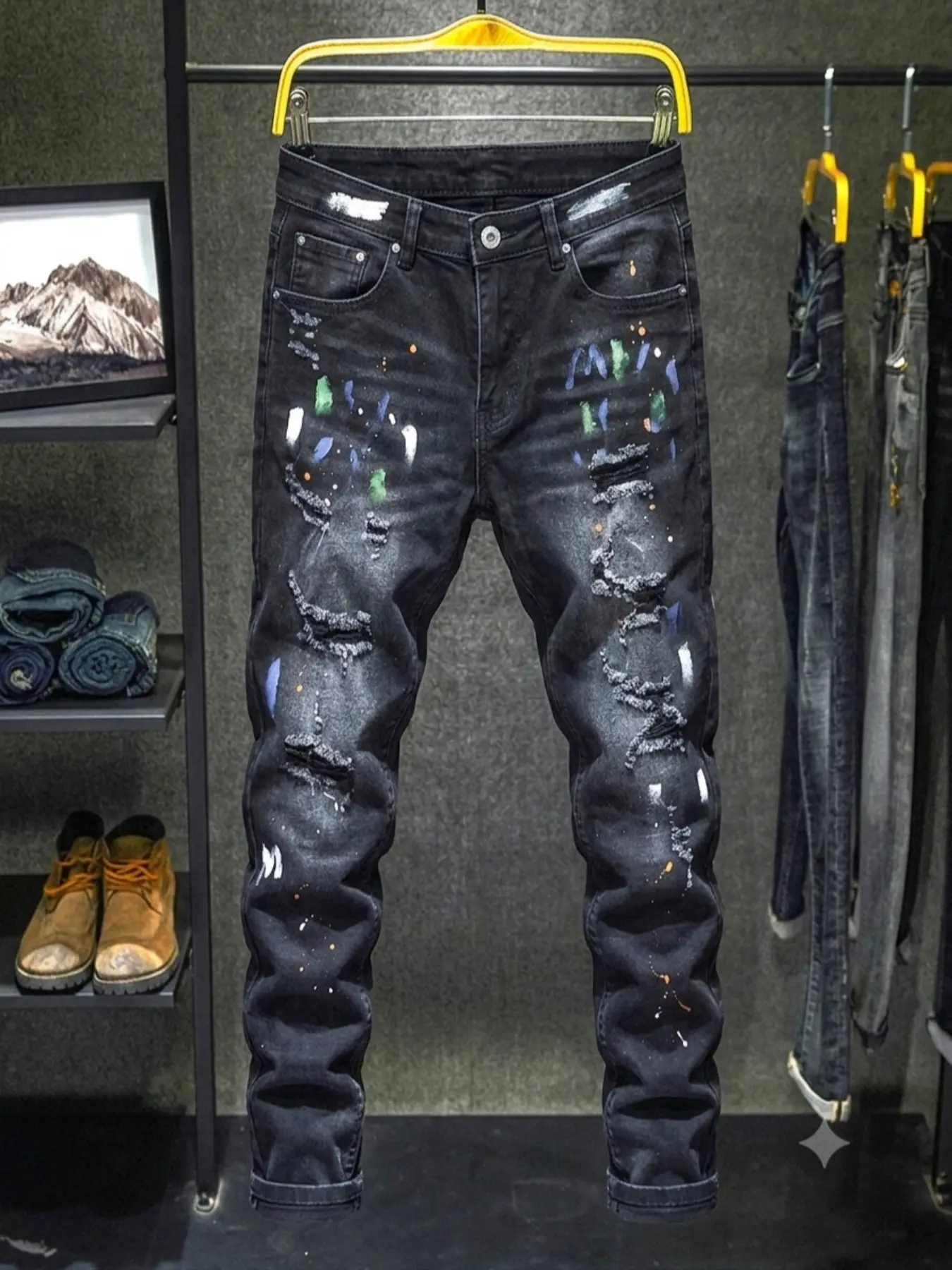 Men's Vintage Faded Jeans, Multi-Hole Colorful Ink Splatter, Slim Fit Retro Hip Hop Streetwear, Damaged Long Jean Pants